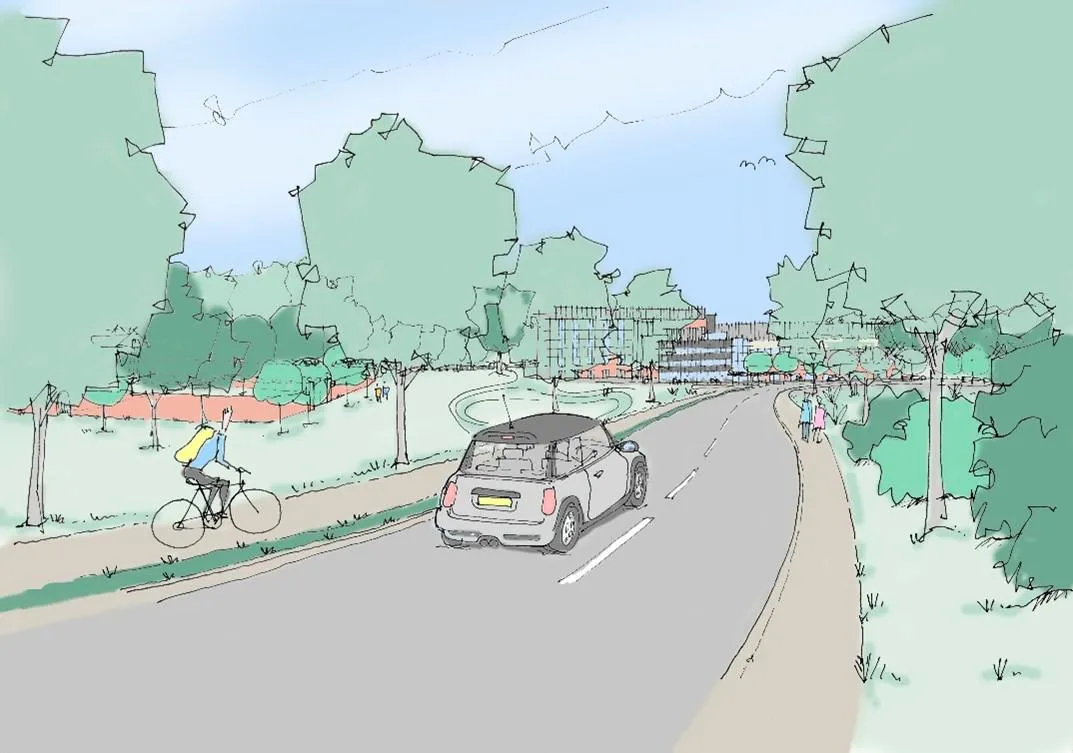 : Illustrative street-level view of a tree-lined access road leading towards a hospital building partially screened by mature trees and planting. A car travels along the road, a cyclist uses a separate path, and pedestrians walk on footways beside landsca