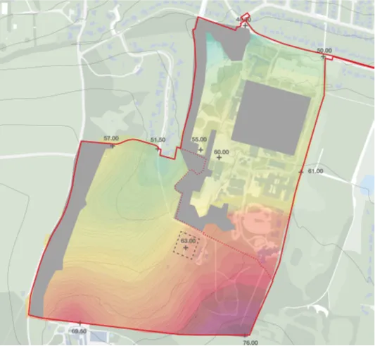 Topographical plan of the West Suffolk Hospital site outlined in red, showing ground levels using colour shading from lower elevations in red and purple in the south and south-west of the site to higher elevations in green towards the north and north-east