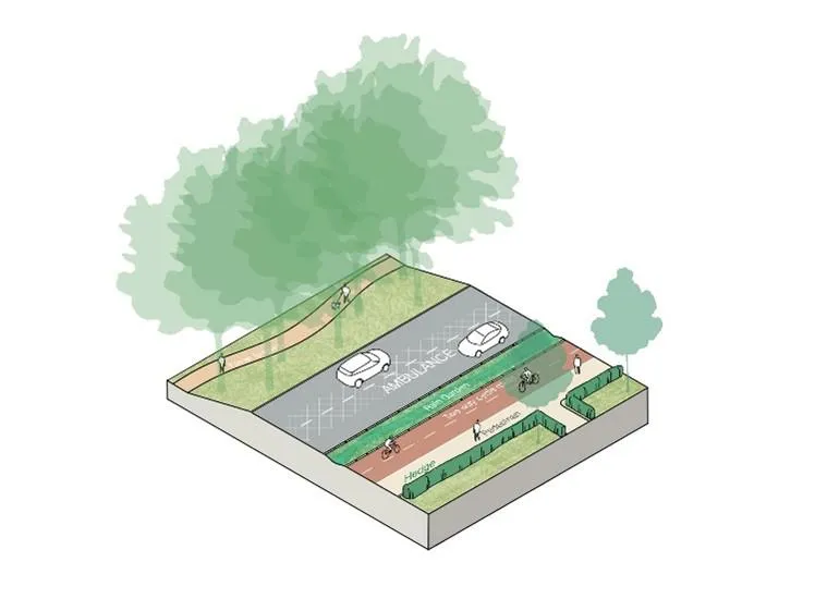 Illustrative street section showing a two-way road with vehicles travelling in both directions, alongside a segregated cycle lane, pedestrian footways and landscaped planting, with trees providing screening along the site boundary.