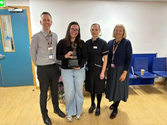 Midwife of the year Amy Gilbert receiving her award, with chief nurse Daniel Spooner, head of midwifery Justyna Skonieczny and Karen Newbury, director of midwifery